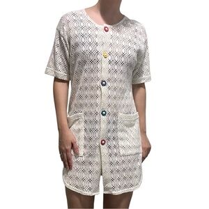 Vintage Coverup Dress White Knit Crochet Floral Boho Beach Kawaii Size Small